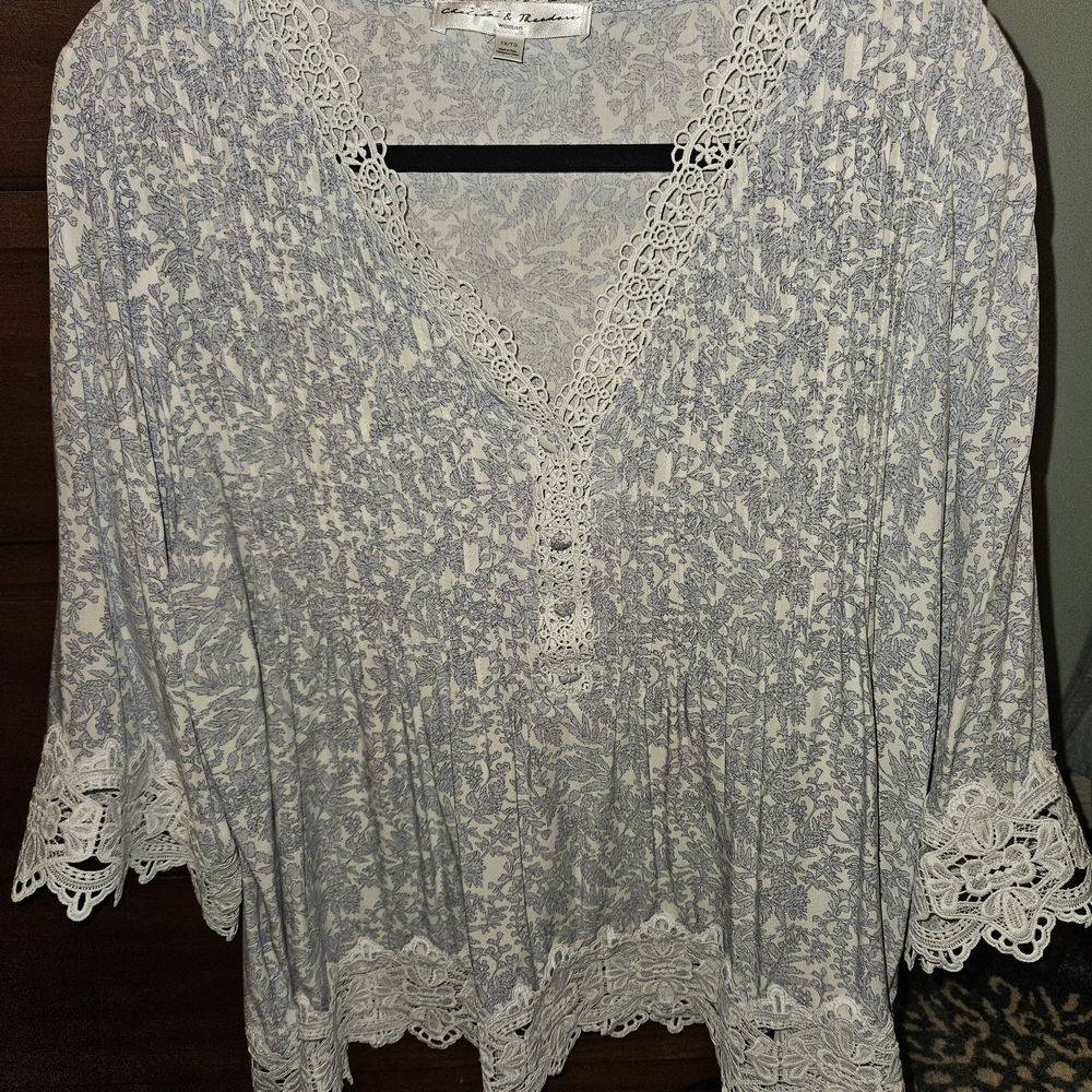 Chelsea & Theodore Blue and Cream Lace Trim Blouse